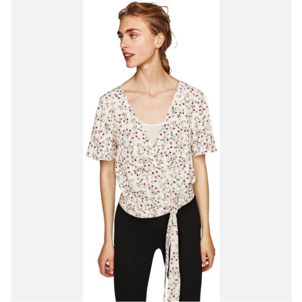 Zara White Floral Print Wrap Blouse‎
